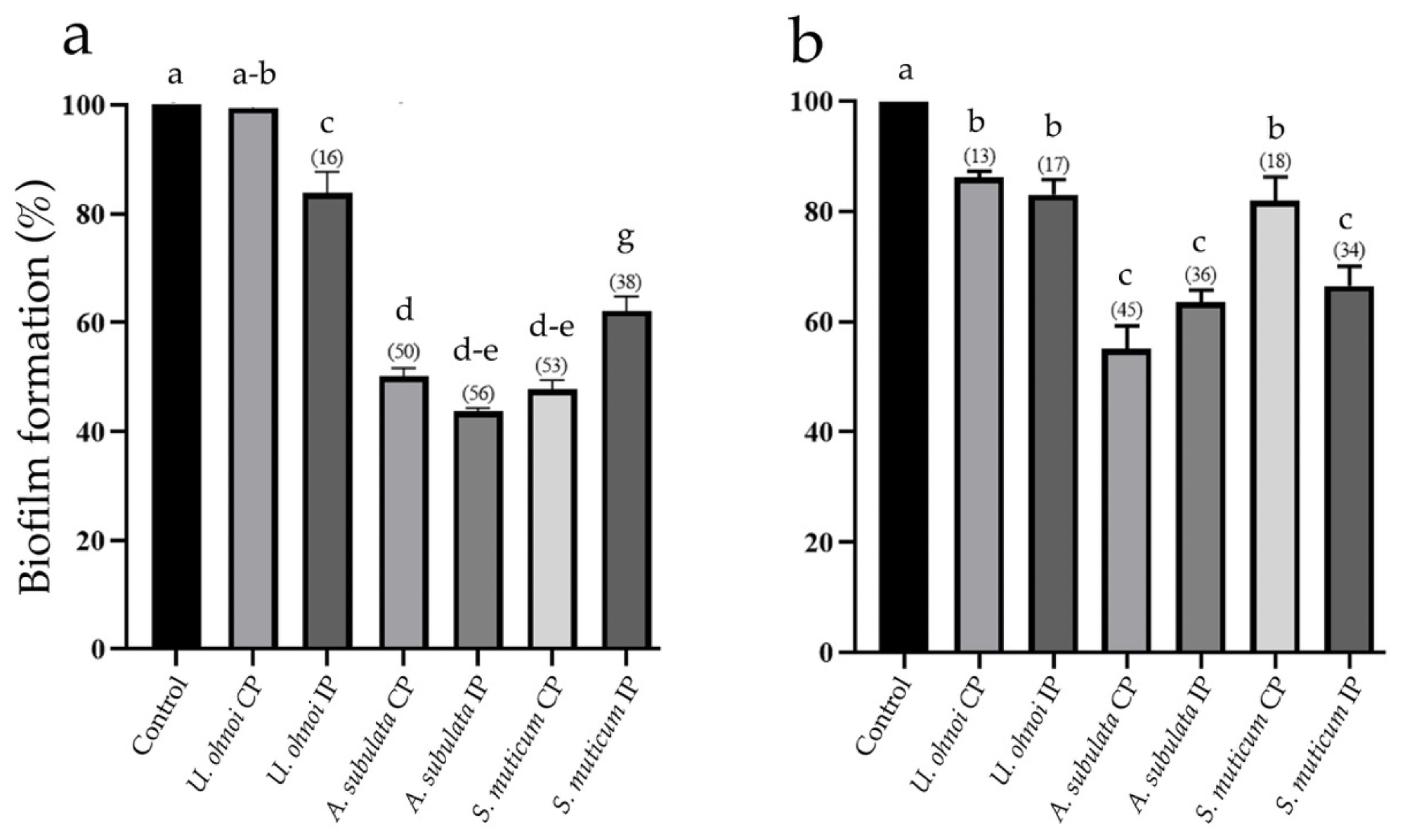 Biofilm formation (%) of (a) Pseudomonas aeruginosa ATCC 27853 and (b) Staphylococcus aureus ATCC 29213 in the absence (control, C) or in the presence of the crude extract from Ulva ohnoi, Agardhiella subulata and Sargassum muticum (400 µg mL-1 w/v) obtained using the traditional (CP) and innovative (IP) extraction methods. Data represent mean ± SD for six replicates (n = 6). The lowercase letters above the bars denote groups that were found to be significantly different after ANOVA followed by Tukey test. In brackets are data on biofilm reduction as a percentage.