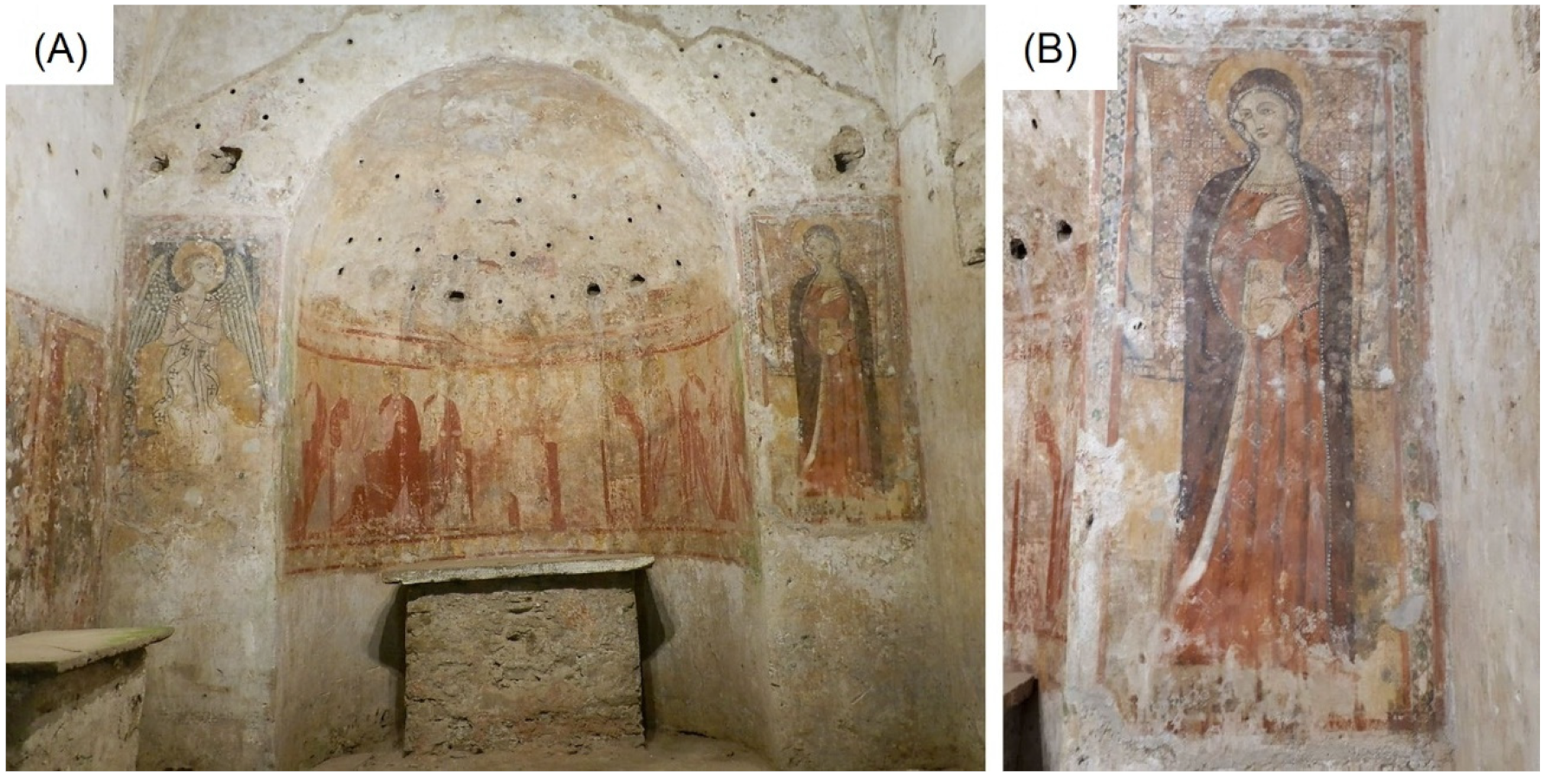 (A) Overview of the cycle of frescoes in the church of Sotterra with evidence, from left to right, of the angel of the Annunciation, Christ in glory with apostles and the Virgin. (B) Detail of the Virgin as part of the mural painting object of this study.