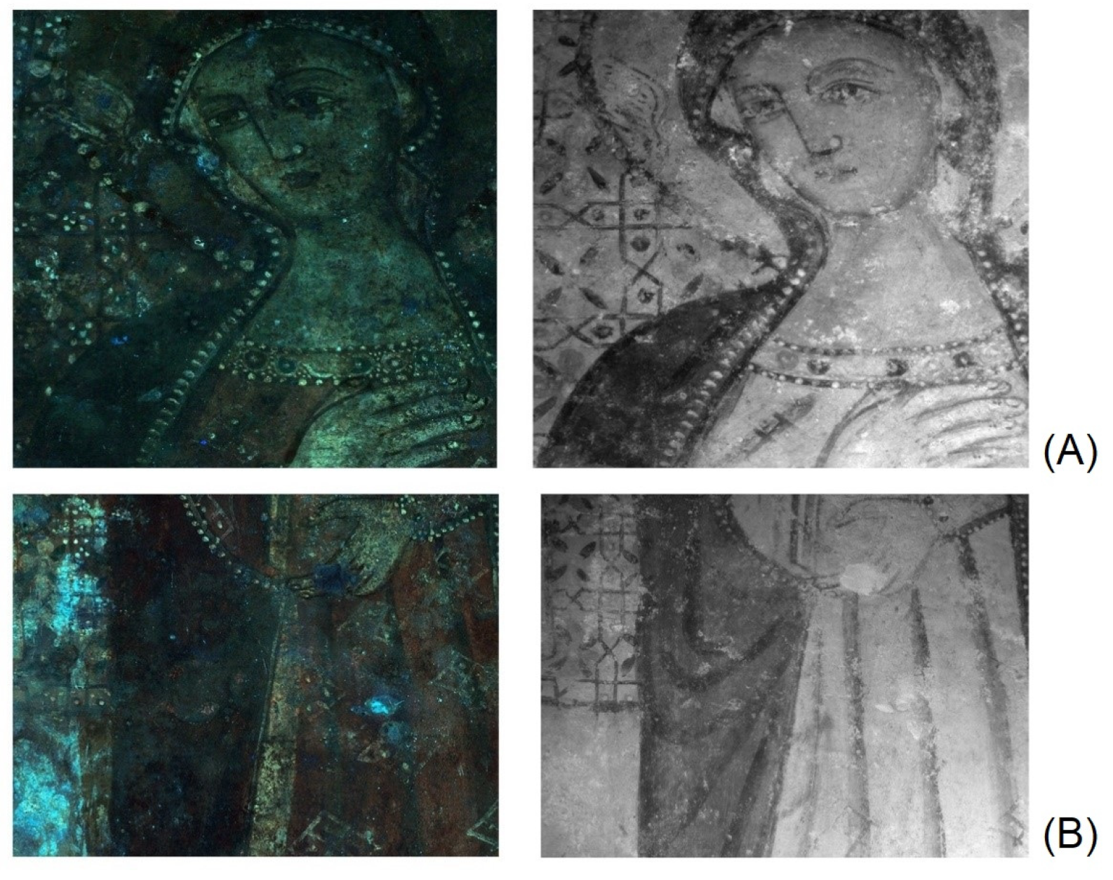 Details (at different magnifications) of the (from left) UVF and IR images for the comparison of the diagnostic information obtained from the imaging techniques: (A) Detail of the face and the halo; (B) detail of the dress and of the background floral-geometric decoration.