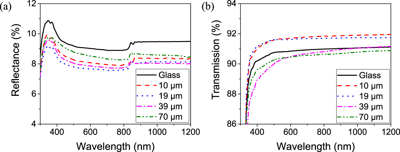 (a) Percentage reflectance and (b) percentage transmission spectra for planar PDMS layers of different thicknesses coated on soda-lime glass substrates.