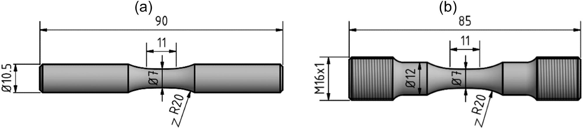 Geometries: (a) Strain-controlled tensile and LCF tests; (b) stress-controlled HCF tests.