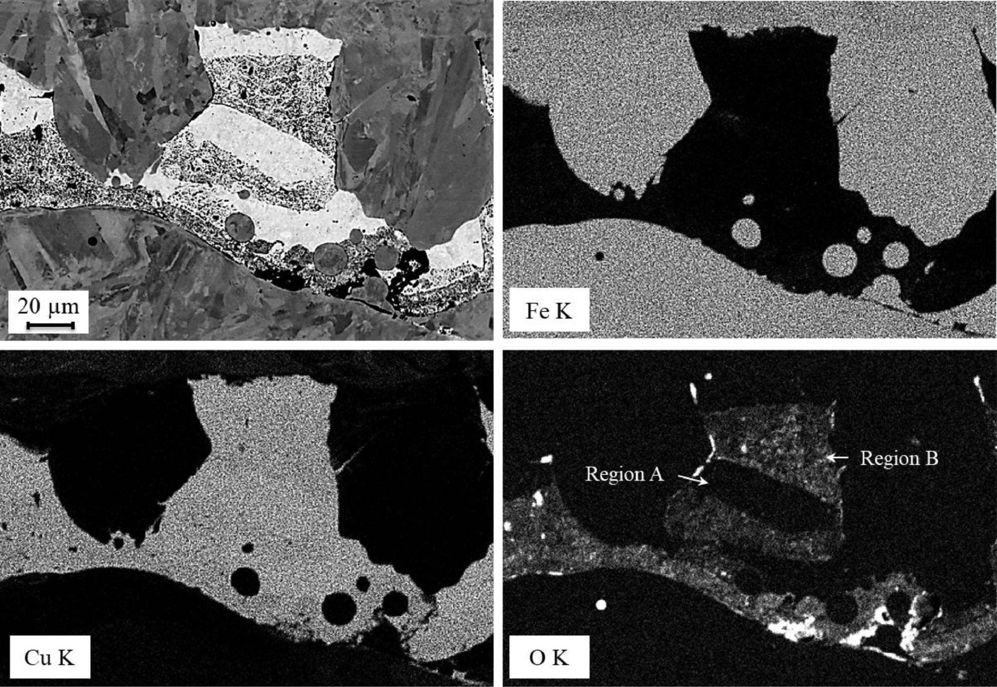 BSE image (top left) and elemental maps (Fe, Cu, O) of the post-heating coupon obtained by WDS analysis