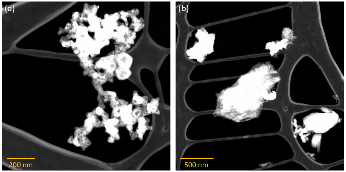 STEM micrographs of synthesized Mg/B solid solution showing B with Mg (darker phase) near the surfaces: (a) smaller and (b) larger particles