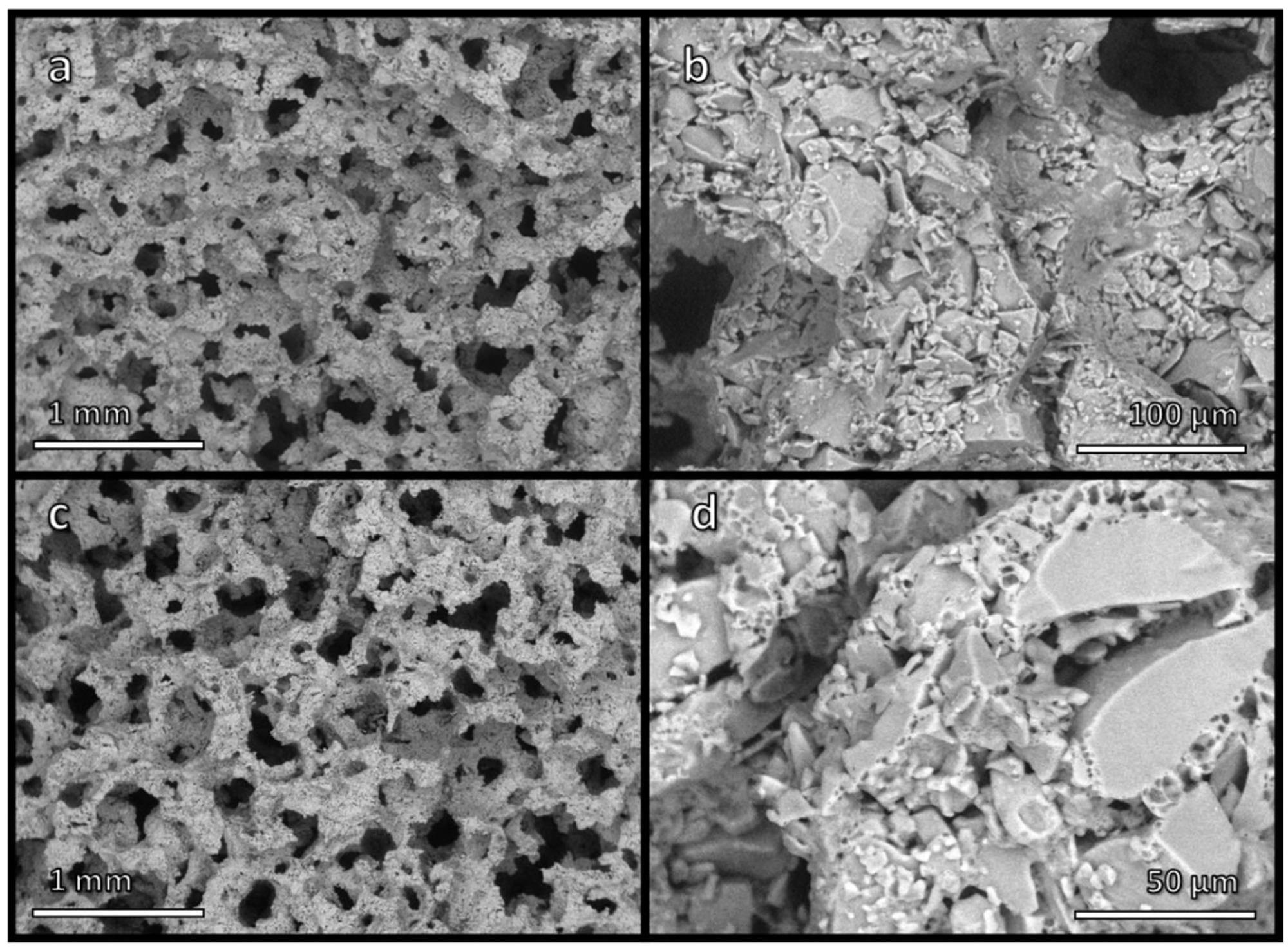 Low and high magnification micrographs of (a,b) foamed suspension of glass particles in alkaline solution, after drying; (c,d) glass foam, after firing at 650 °C.