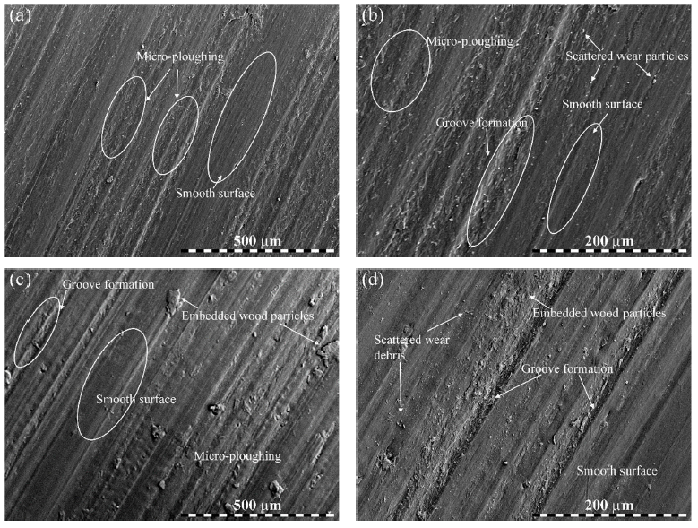 Worn micrographs of biocomposites: (a,b) bare PLA and (c,d) 2.5 wt.% wood waste-filled biocomposites at lower and higher magnification.