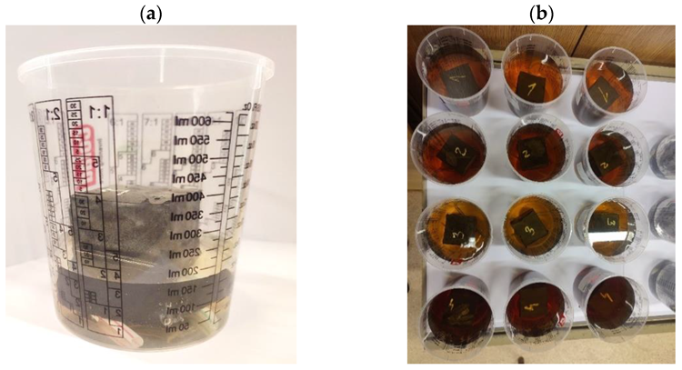 (a) Example sample prepared for water absorption testing—1st day of measurements (flooding the sample to about half of its height); (b) samples fully immersed in distilled water 24 h after starting the tests.