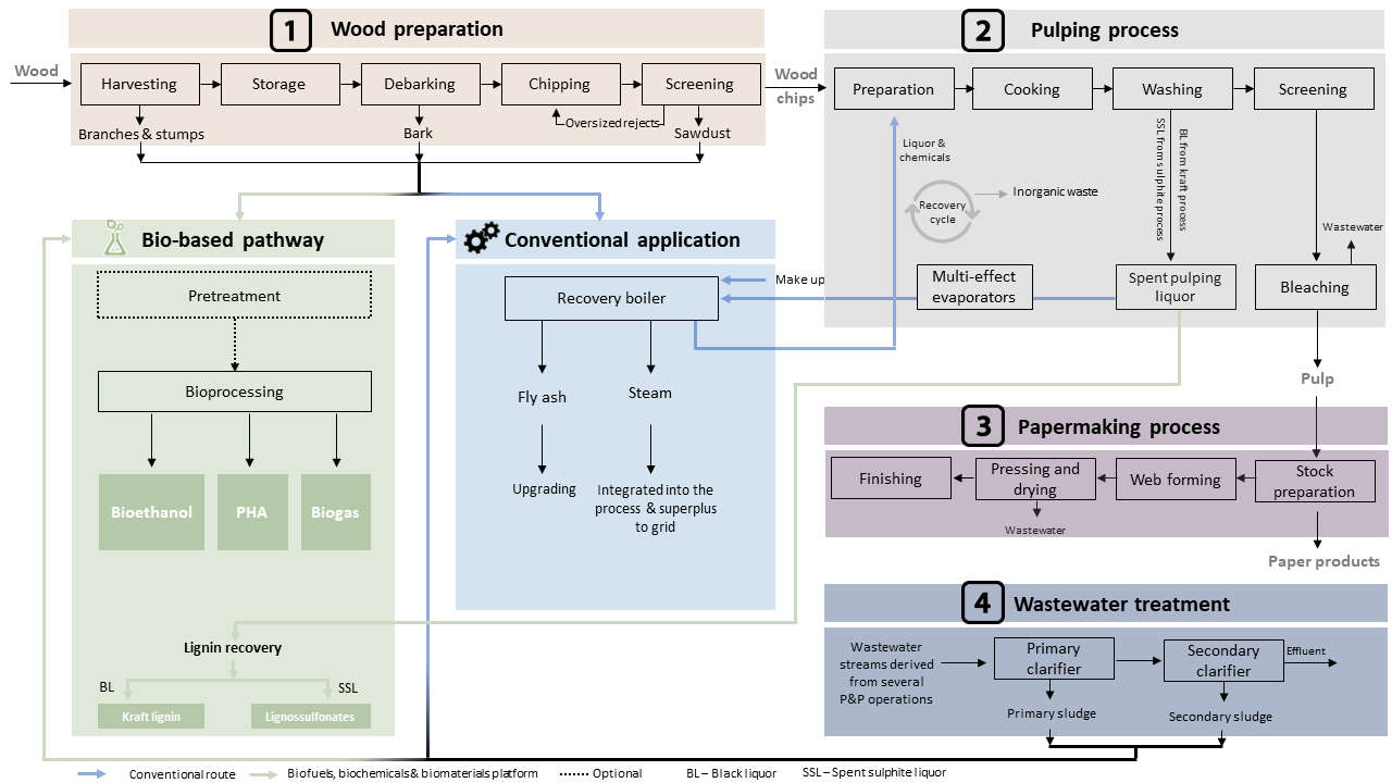Simplified flowsheet of the wood preparation, pulping, papermaking process and wastewater treatment processes.