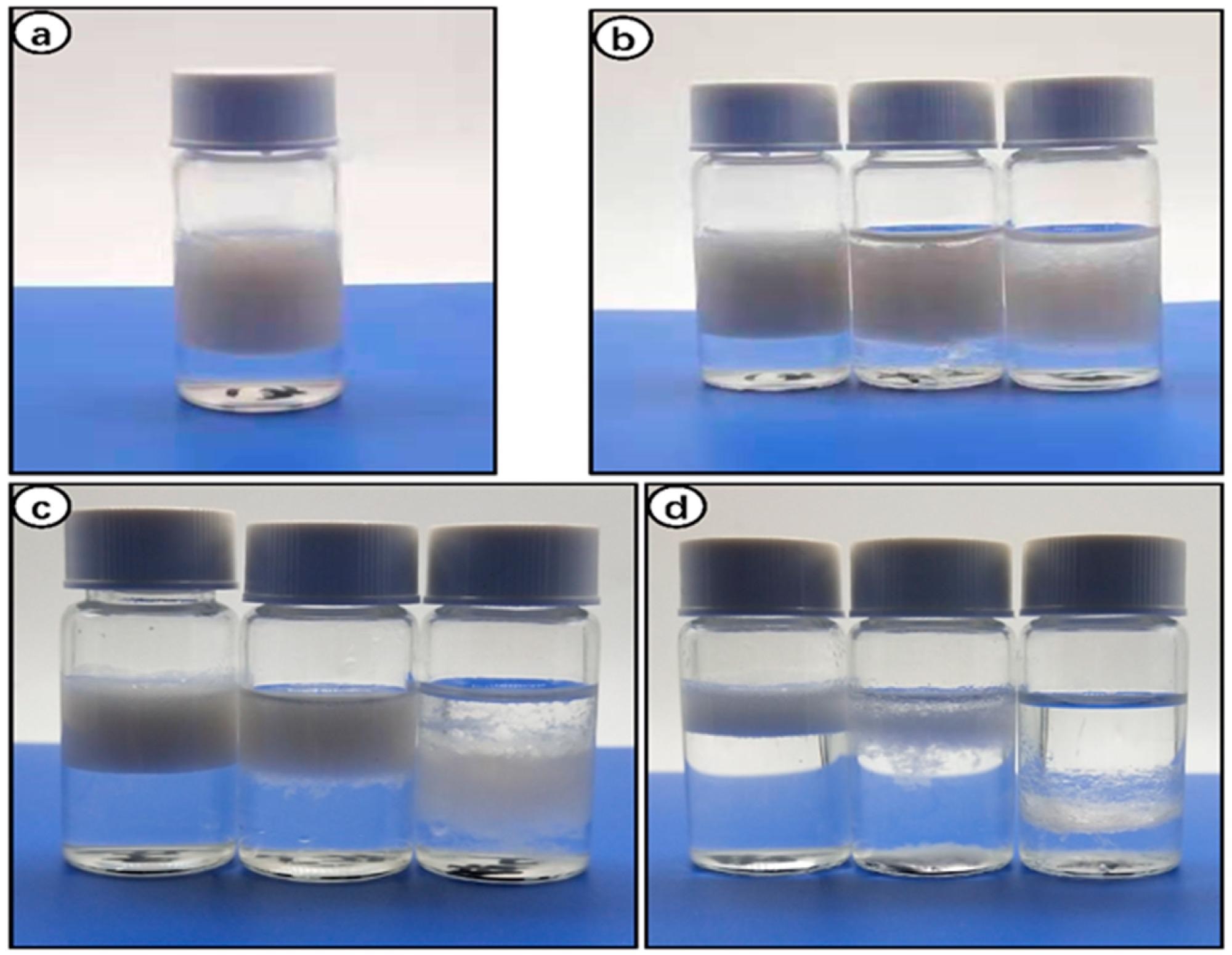 Oil/water Pickering emulsions after dispersing at 10,000 rpm for 3 min: (a) O/W, 1:9; RLCs = 0.5% (oil phase = n-hexadecane, water phase = RLC suspension). (b–d) From left to right, O/W ratio = 1:9, 3:7, 5:5. (b) RLCs = 0.5%; (c) RLCs = 0.3%; (d) RLCs = 0.1%.