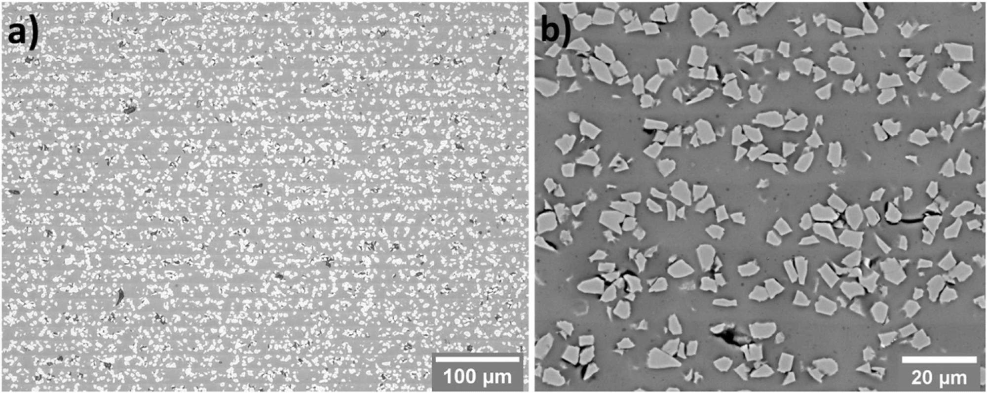 Ceramographic cross-sections of PSO/SiC composites: (a) light microscopy image; (b) backscattered electron microscopy image