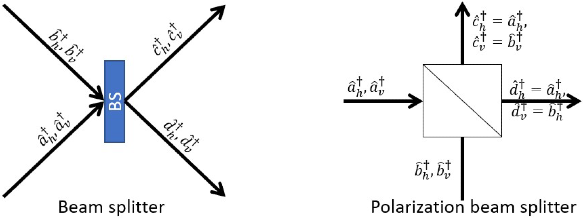 Diagram of (left) the beam splitter and (right) the polarization beam splitter, acting on the two-rail states with polarization. The equations of (polarization) beam splitters comes from ([20], Equation (6) p. 137 and Equation (7) and p. 138).