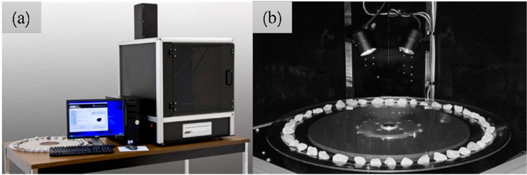 Aggregate image measurement system (a) and aggregates being tested (b).
