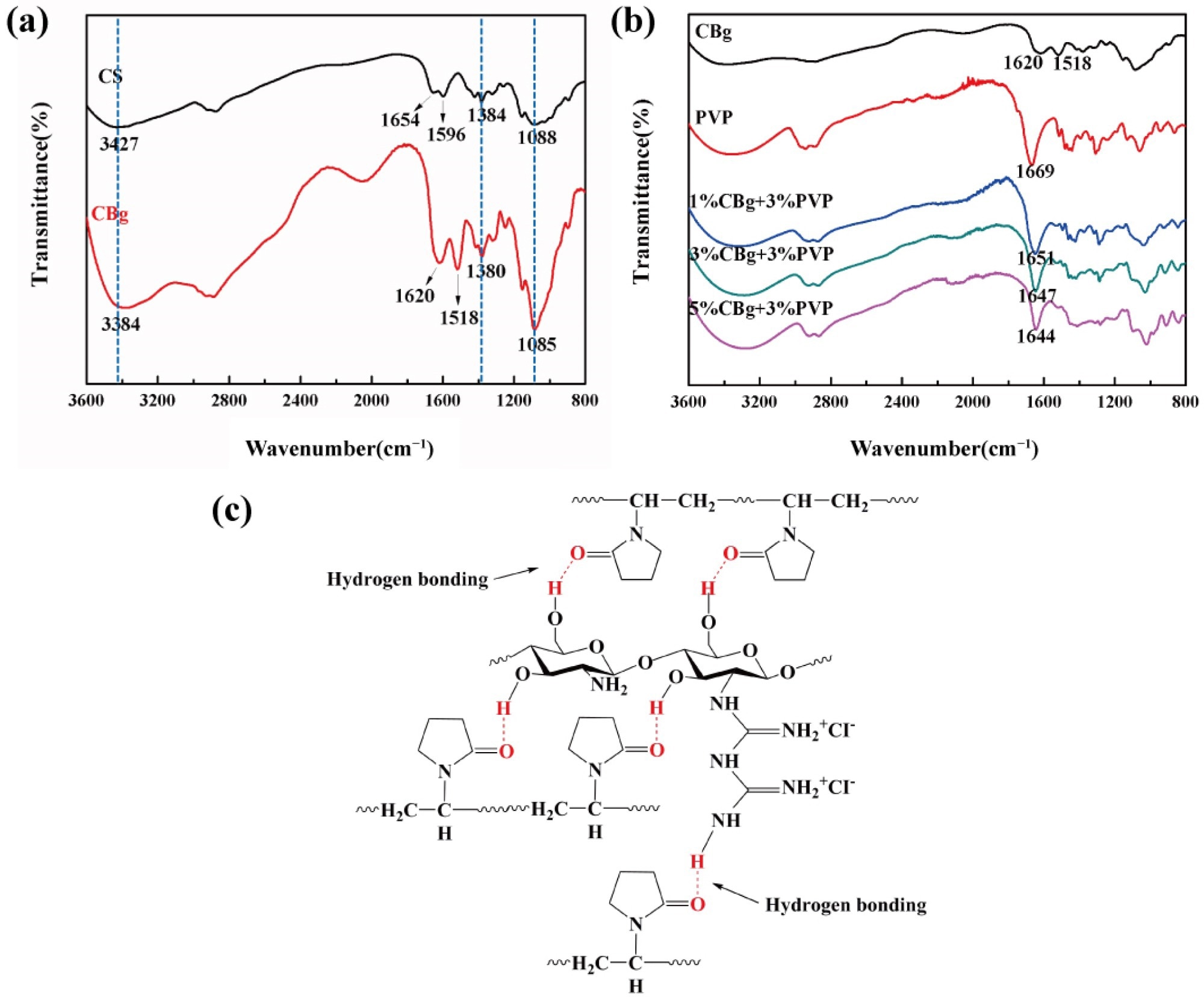 (a) FTIR spectra of CS and its derivative CBg. (b) FTIR spectra of CBg, PVP, and CBg/PVP films with different mass concentrations. (c) Schematic diagram of the interaction between CBg and PVP.