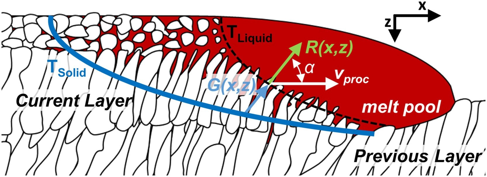 Schematic sketch of local solidification front during L-DED manufacturing. The direction of the movement of the laser beam is from left to right (green arrow). Liquid material is represented by the red colour, while solid material is shown in white. The melt solidifies between liquidus isotherm (dashed black line) and solidus isotherm (blue line).
