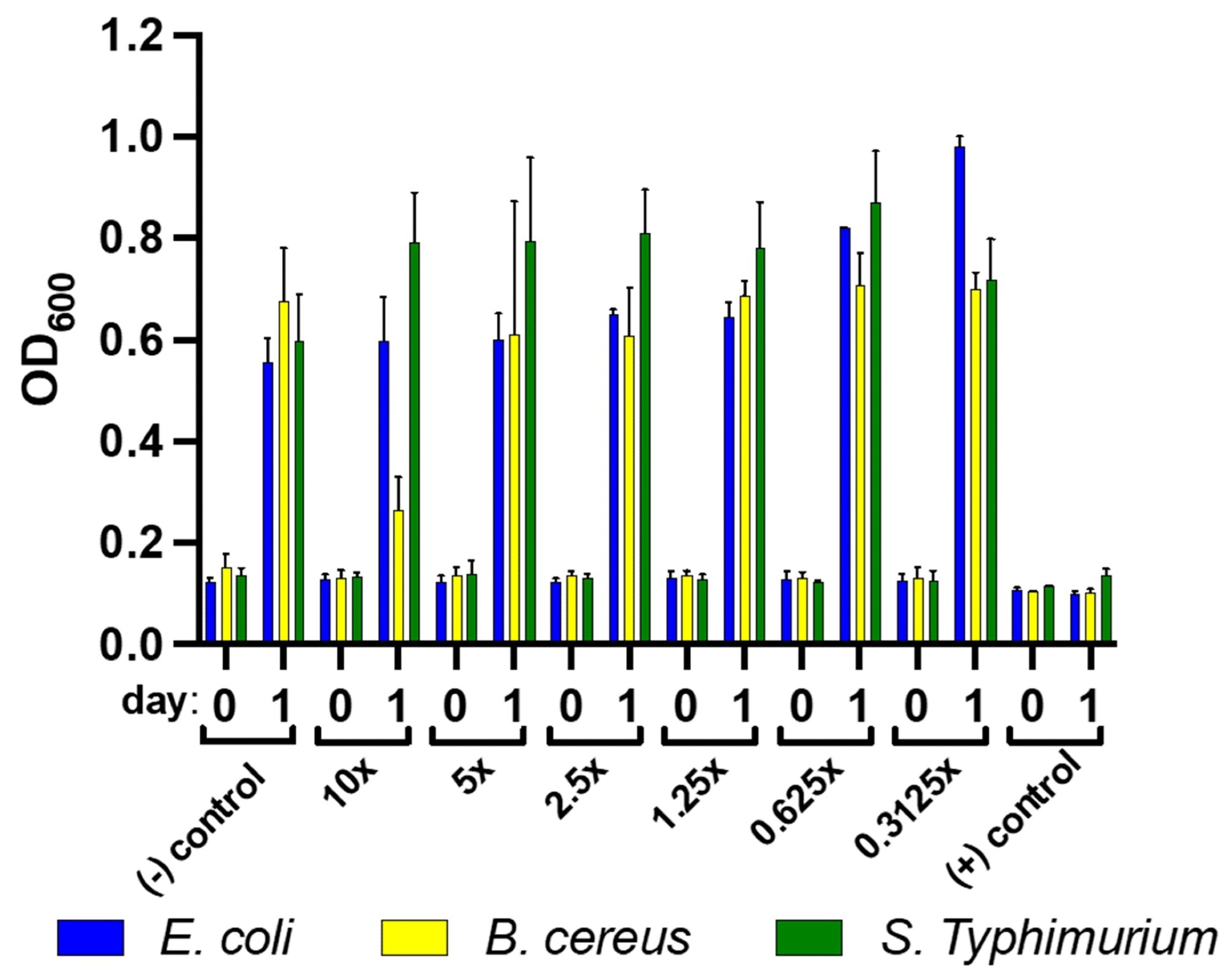 Antimicrobial properties of watermelon rind extract in 96-well plates at concentrations from 10–0.3125% against B. cereus, E. coli, and S. enterica subsp. enterica serovar Typhimurium when incubated at 37 °C for 24 h. The growth was monitored at OD600 using a microplate reader spectrophotometer. The error bars indicate the standard deviation (n = 3).