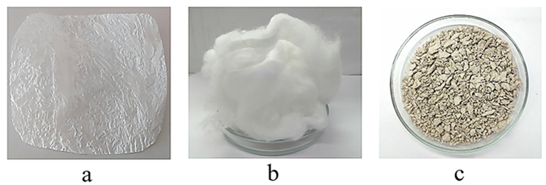 Photographs of cellulose samples: (a) BC, (b) synthetic cellulose and (c) Miscanthus-derived cellulose.