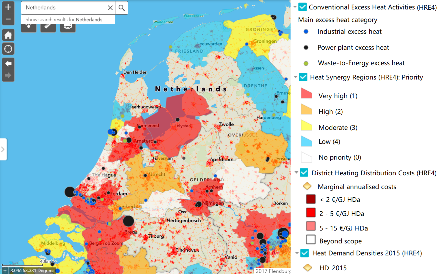 A screenshot of the heat atlas for the Netherlands from the PETA4 mapping application.