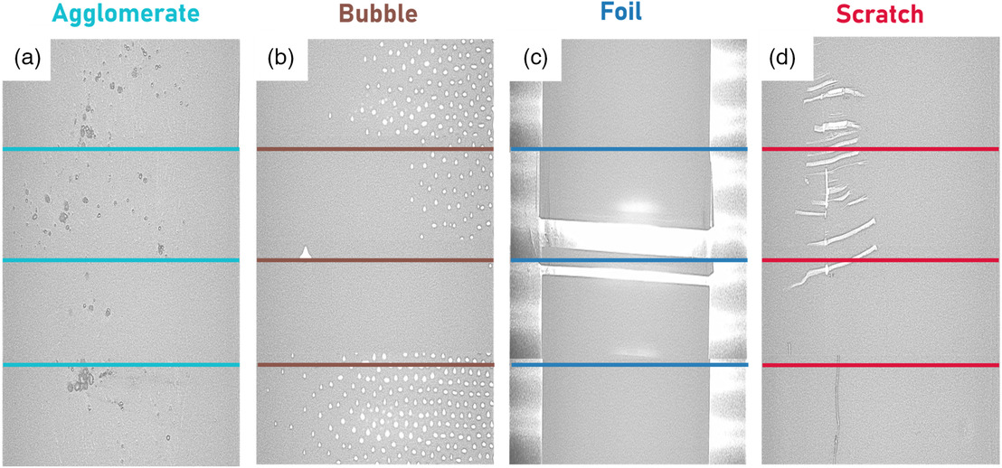Exemplary images of defective electrodes captured by Cognex camera placed on the coating machine: a) a coarse accumulation of active material on the electrode surface is referred to as “agglomerate”; b) a hole on the electrode surface is called “bubble” or “pinhole”; c) the active material is coated on the metal foil and the foil is not a part of the electrode; therefore, the left and right side of the electrode is also considered as a defect and labeled as “foil.” The start and end part of the electrode also contains foil; d) a line on the electrode surface is annotated as “scratch.” The lines are created to separate the images and the colors are added to distinguish each defect class, i.e., each category has four images.