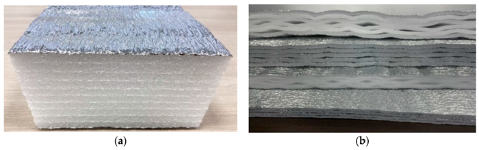 Polyethylene foam products: (a) layered products; (b) multi-layered products with an air gap from the air layer line.