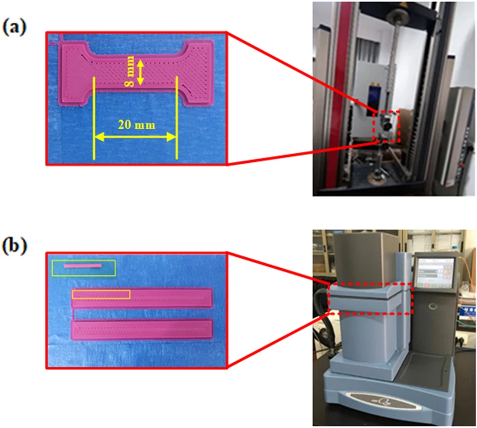 (a) DMA machine and printed sample; (b) tensile machine and printed sample.