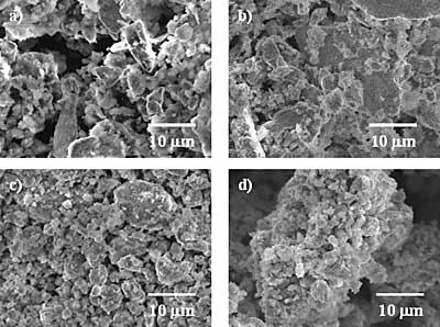 AZoJomo - The AZO Journal of Materials Online - SEM micrographs of (Ni50Mo25W25)50Al50 alloys prepared by MA: a) 3 h before leaching,   b) 3 h after leaching, c)9 h before leaching, and d) 9 h after leaching