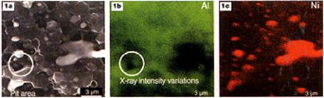 AZoM - metals, ceramics, polymers and composites :  Secondary electron image (a) and x-ray maps (b and c) of a nickel alumina composite.