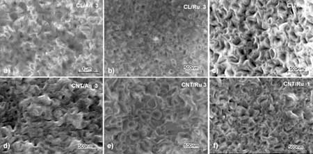 AZoJomo - The AZO Journal of Materials Online - Microstructure of the anatase (An) or rutile (Ru) thin film formed on different templates, a, b, c) CL, d, e, f) CNT; microstructure a,b, d,e) obtained after three time dipping, and c, f) after one time dipping showing the areas in between wires